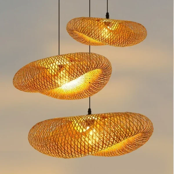 Bamboo Hand Weaving Pendant Lights 38cm Hanging LED Ceiling Lamp Chandelier Fixture Rattan Hand Craft Woven Home Bedroom Decor - Image 2