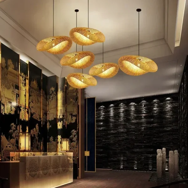 Bamboo Hand Weaving Pendant Lights 38cm Hanging LED Ceiling Lamp Chandelier Fixture Rattan Hand Craft Woven Home Bedroom Decor - Image 3