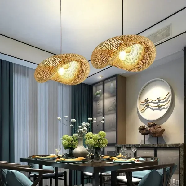 Bamboo Hand Weaving Pendant Lights 38cm Hanging LED Ceiling Lamp Chandelier Fixture Rattan Hand Craft Woven Home Bedroom Decor - Image 4